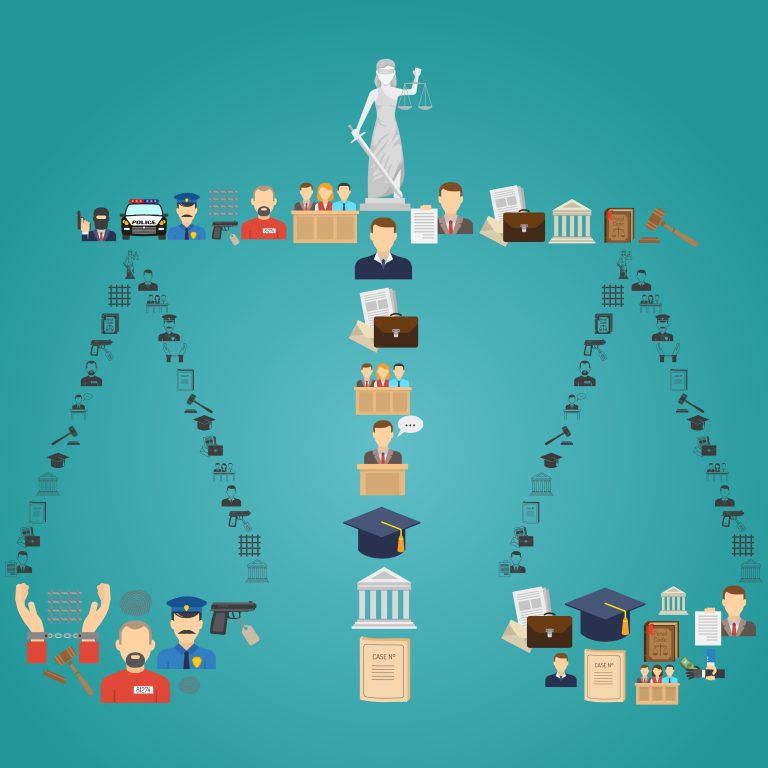 'The image is an illustration of the letter "A" made up of various icons. The background is a light blue color and the icons are arranged in a way that they form the shape of the letters A. \n\nIn the center of the image, there is a statue of a woman holding a sword and shield, representing justice. Surrounding the statue are various icons representing different aspects of justice, such as a judge\'s gavel, a book, a document, a graduation cap, and a gavel. These icons represent different types of people, including a man in a suit and tie, a woman in a red dress, a police officer, a man with a beard, a person with a mustache, and another person with glasses.\n\nThe icons are scattered around the letter, creating a chaotic and chaotic scene. The overall style of the illustration is flat and cartoon-like.